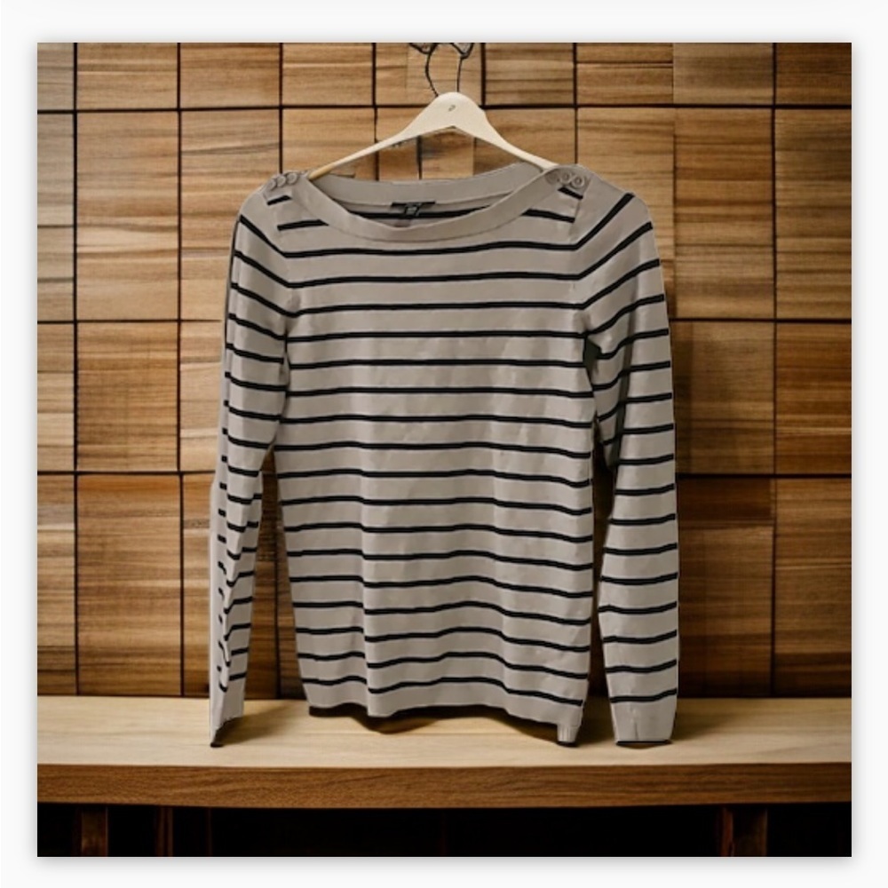 JACOB Grey/Black Stripe Knit Sweater -Boatneck-Button at neck detail -SzM-EUC🍂 - Picture 9 of 11